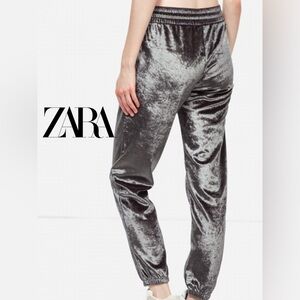 Zara Trafaluc Silver Velvet Jogger Pants Size Small